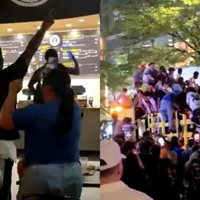 Chapeiro deixa restaurante enquanto carros de polícia celebram título Knicks