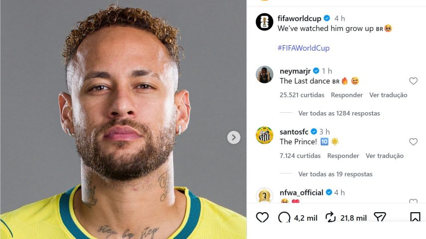 Neymar comenta em perfil da Copa do Mundo: "The last dance" — Foto: Reprodução/Instagram