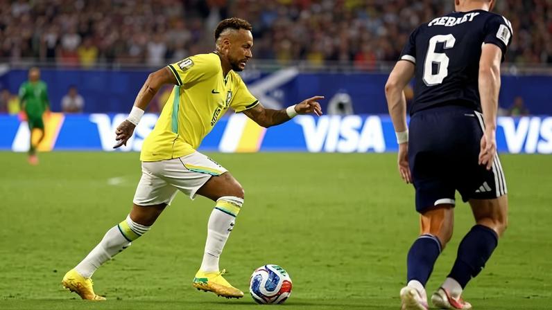 Neymar em ação durante Escócia x Brasil, jogo da Copa do Mundo