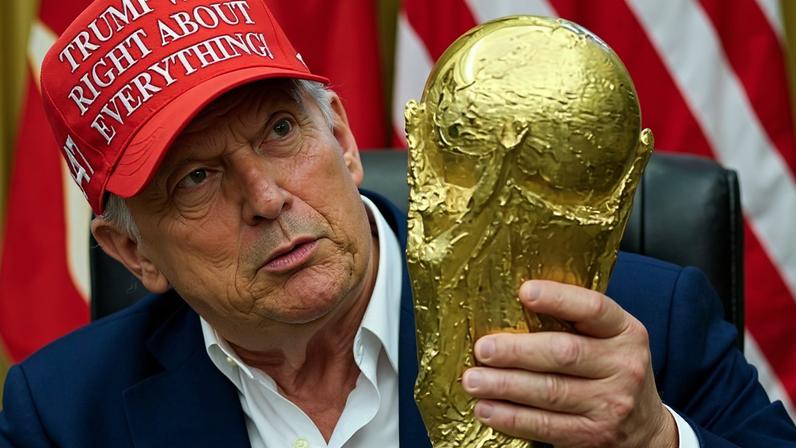 O presidente dos EUA, Donald Trump,segura a taça da Copa do Mundo da Fifa no Salão Oval da Casa Branca, em Washington D.C.