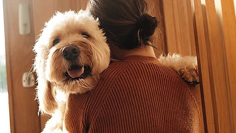 Getty Images A woman, seen from behind, holds her dog in her arms by a front door (Credit: Getty Images)