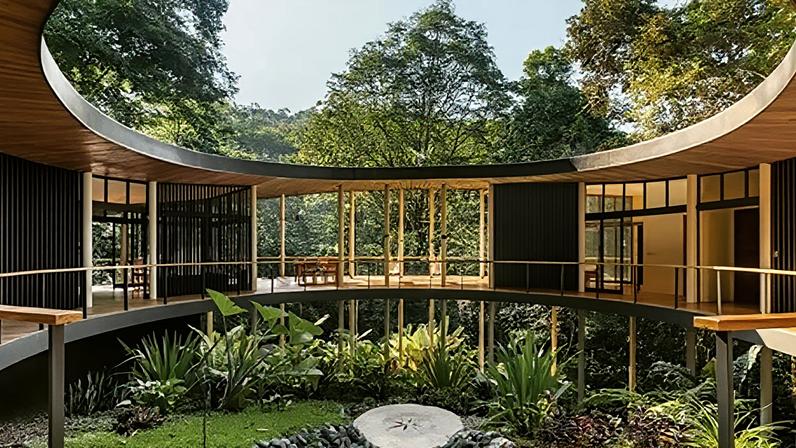 A curved home on stilts in a lush rainforest (Credit: Alvaro Fonseca)