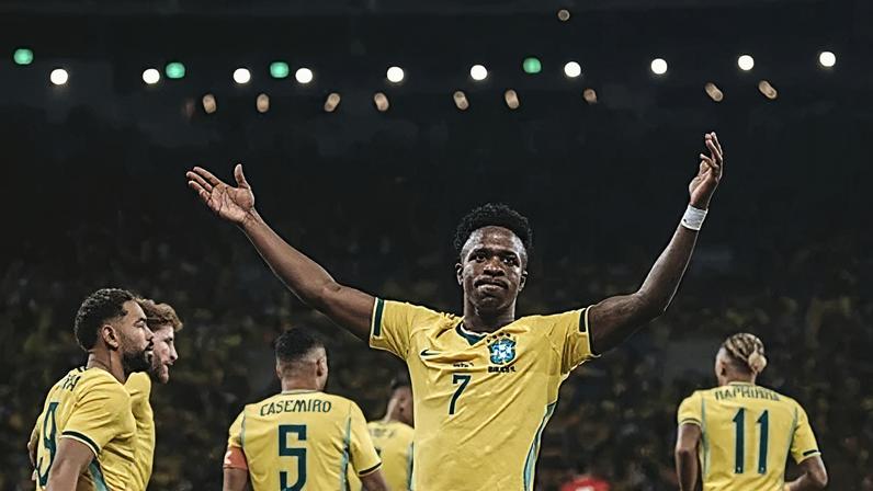 Getty Images Brazilian striker Vinicius Junior holds his hands aloft in celebration during a friendly match against Panama (Credit: Getty Images)