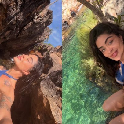 Ex-BBB Aline Campos posa de biquíni e celebra contato com a natureza