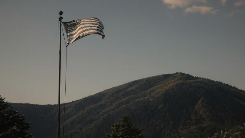 An American flag on a cream background.