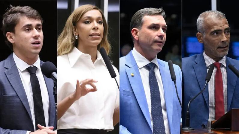 Parlamentares mais lembrados em pesquisa Datafolha: da esquerda para a direita, os deputados Nikolas Ferreira e Erika Hilton e os senadores Flávio Bolsonaro e Romário (Bruno Spada e Kayo Magalhães/Câmara dos Deputados e Carlos Moura/Agência Senado)