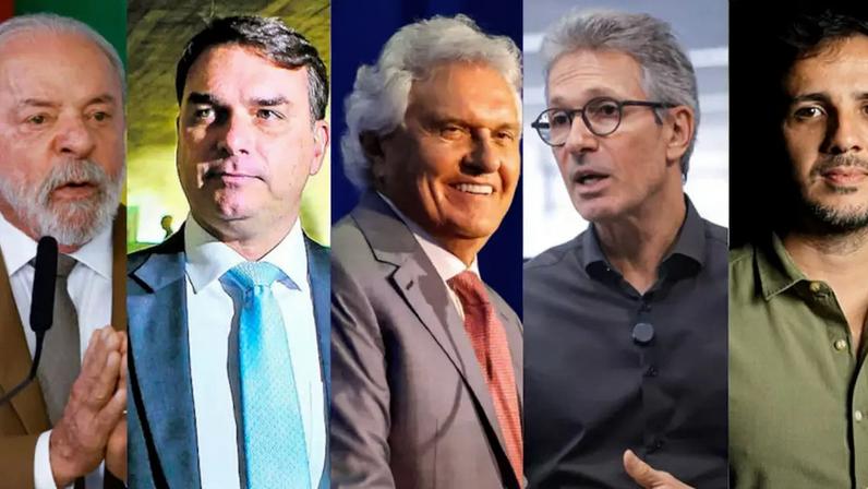 Lula (PT), Flávio Bolsonaro (PL), Ronaldo Caiado (PSD), Romeu Zema (Novo) e Renan Santos (Missão), pré-candidatos à Presidência da República