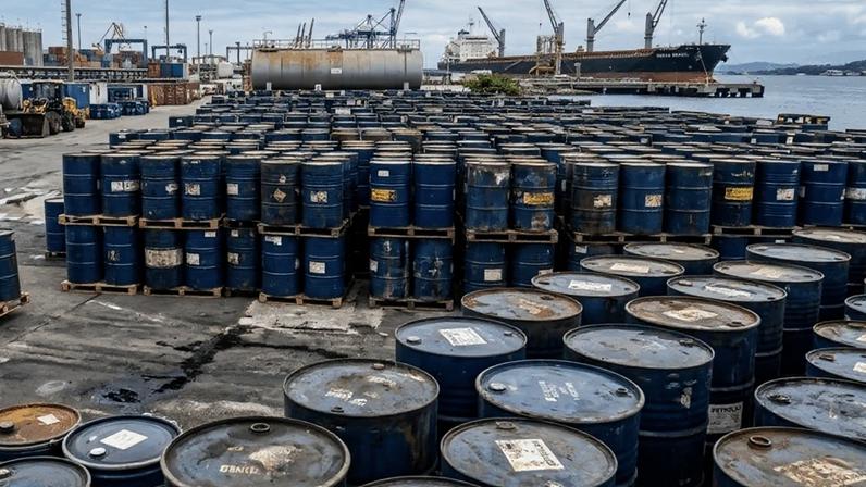 Preços haviam avançado diante das incertezas sobre o funcionamento do estreito de Ormuz; na imagem gerada por IA, barris em um navio