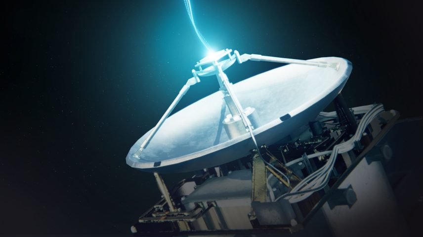 An artist’s concept of the Polylingual Experimental Terminal (PExT) transmitting data.