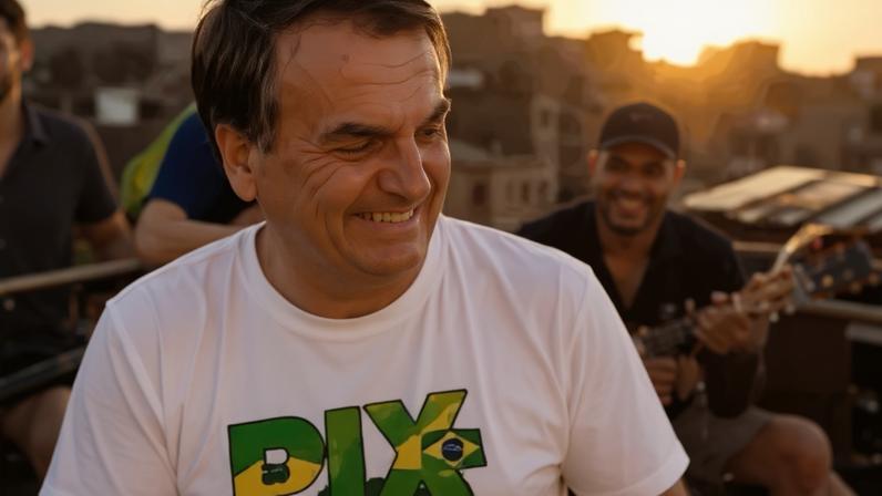 No clipe do jingle de Flávio, Jair Bolsonaro usa uma camisa escrita “Pix é do Bolsonaro, meu amor"