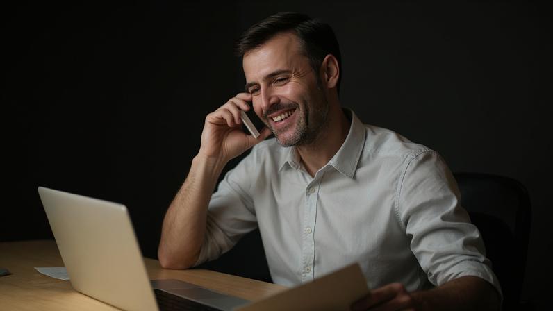 Homeme de camisa branca sorrindo enquanto fala no telefone e olha para tela do notebook que está na frente dele, em cima de uma mesa.