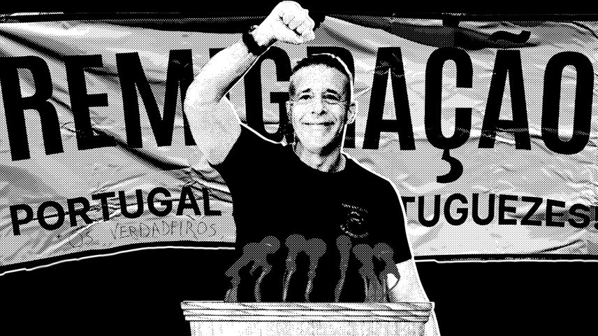 Collage of Gregory Bovino at a podium and a banner that reads Remigração