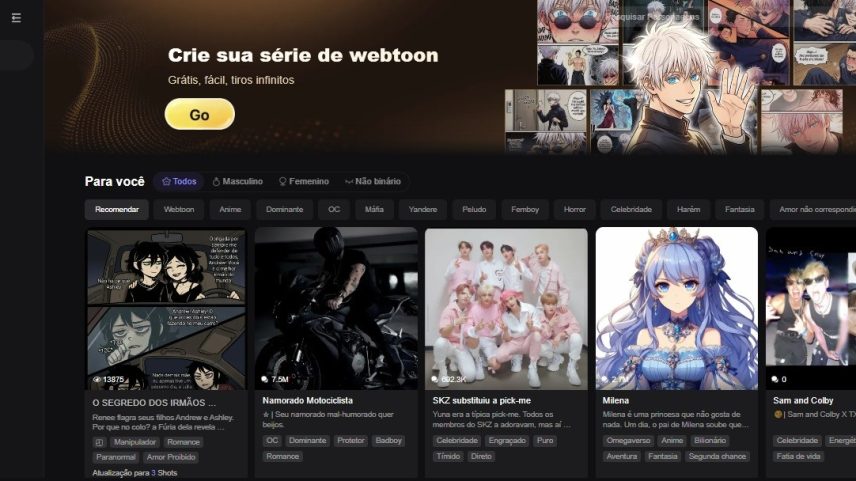 A tela inicial do Polybuzz exibe recomendações personalizadas e personagens populares, alguns deles com milhões de visualizações e interações na plataforma.