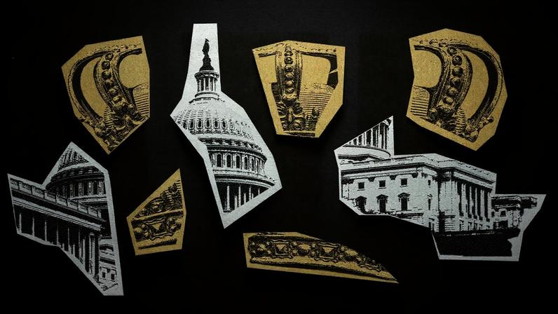 Fragments of a crown and the Capitol building on a background of Psalms.
