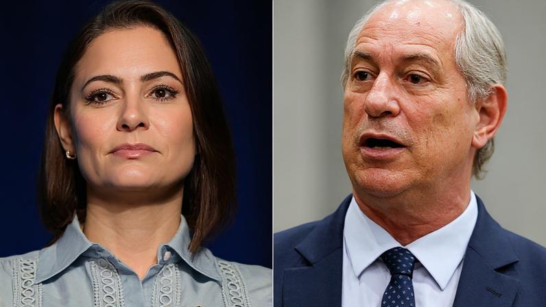 Na imagem, a ex-primeira-dama Michelle Bolsonaro (à esq.) e o ex-governador do Ceará e ex-ministro Ciro Gomes (à dir.)