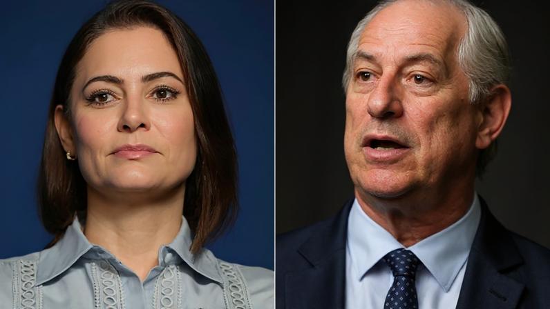 Na imagem, a ex-primeira-dama Michelle Bolsonaro (à esq.) e o pré-candidato ao governo do Ceará Ciro Gomes (à dir.)