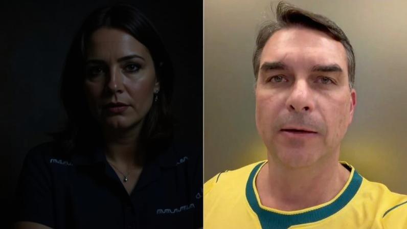 Na imagem, a ex-primeira-dama Michelle Bolsonaro (à esq.) e o senador e candidato à Presidência Flávio Bolsonaro (à dir.)