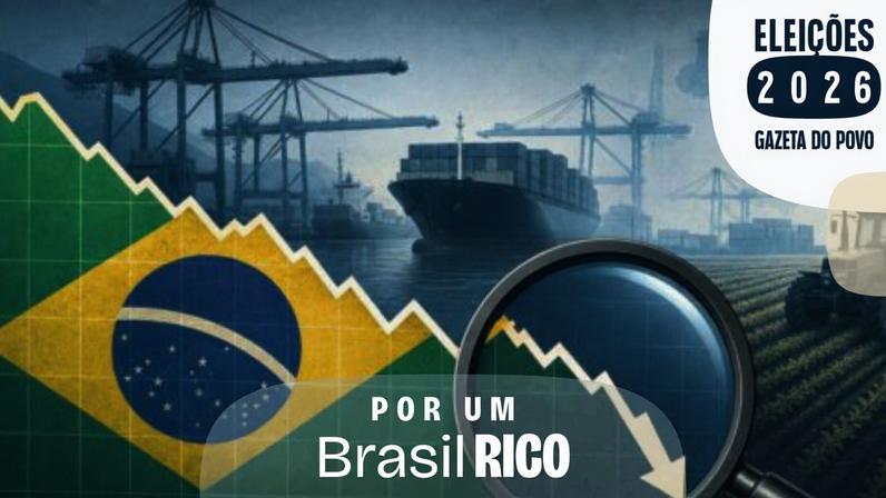 Ilustração mostra o declínio de 18,5% da produtividade do Brasil desde 1980, enquanto o agro, único setor com crescimento, aparece em destaque ao fundo (Foto: Dall-E/Gazeta do Povo)