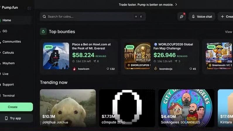 Pump.fun, plataforma que oferece recompensa aos usuários por desafios reais — Foto: Reprodução