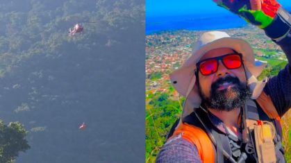 À direita, Caio Arrabal, de 44 anos, conhecido como Rocha. À esquerda, equipes do Corpo de Bombeiros durante a operação de resgate na Pedra do Macaco, em Maricá, após o acidente ocorrido durante uma trilha neste domingo (28).