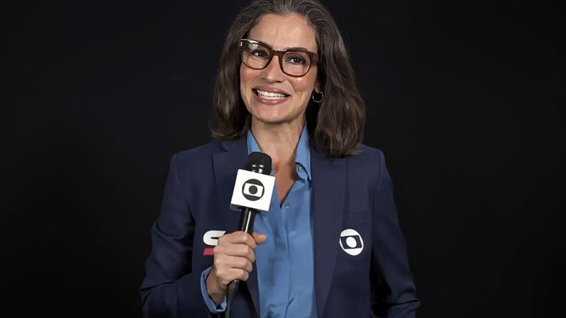 Renata Vasconcellos no estúdio montado pela Globo no coração de Nova York