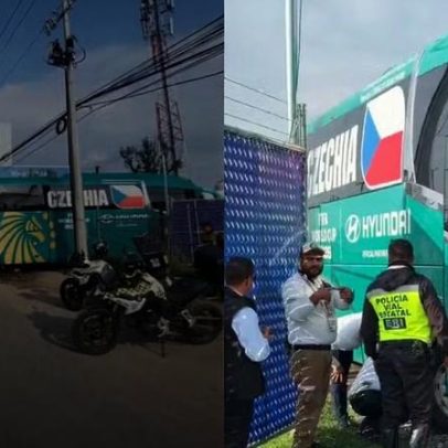 Ônibus tcheco fica preso em portão e atrapalha trânsito em Guadalajara
