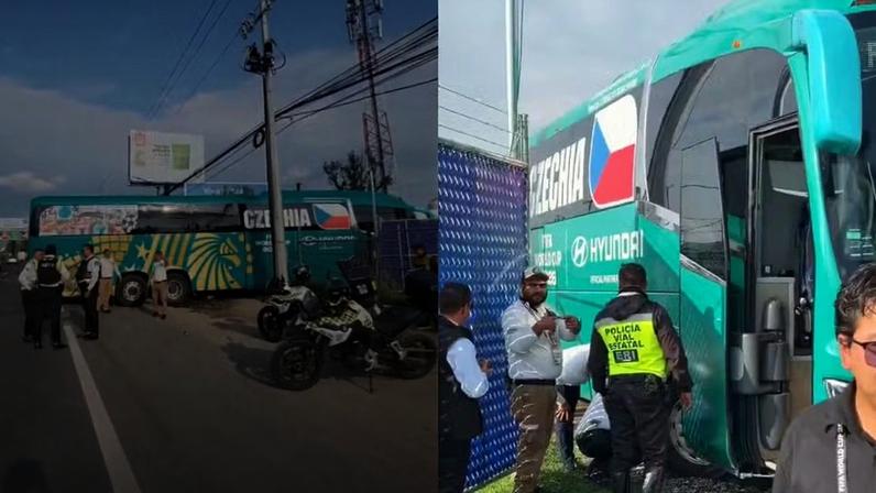 Ônibus da República Tcheca ficou preso no portão e causou tumulto no trânsito de Guadalajara — Foto: Reprodução