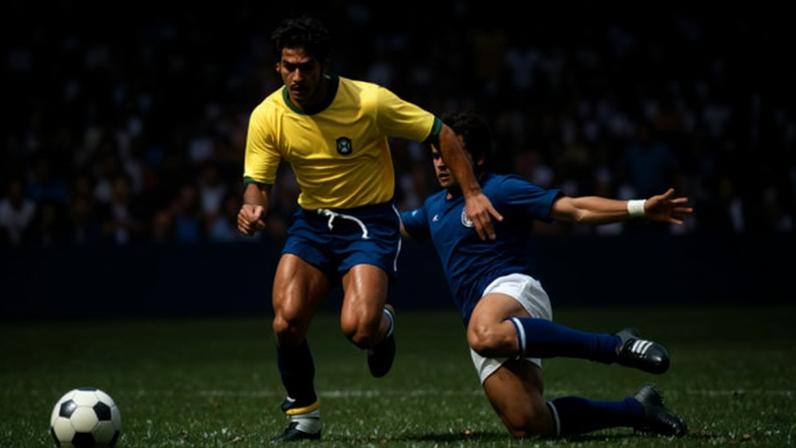 Rivellino avança com a bola na final de 1970 entre Brasil e Itália
