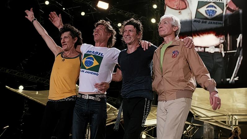 Ronnie Wood, Mick Jagger, Keith Richards e Charlie Watts durante show na Praia de Copacabana em 2006