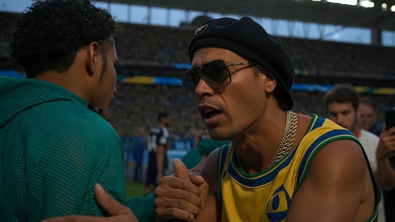 Ronaldinho fala com jogadores da Seleção Brasileira antes de partida contra a Escócia (Foto: Reprodução)