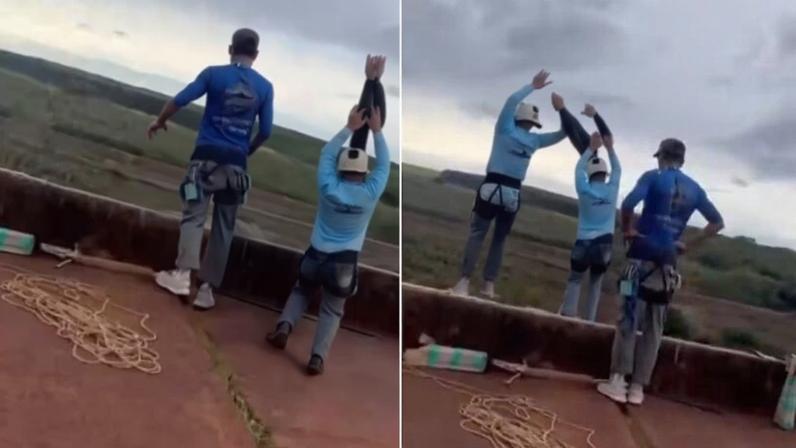 Maria Eduarda Rodrigues de Freitas durante o salto de rope jump na Ponte do Esqueleto, em Limeira