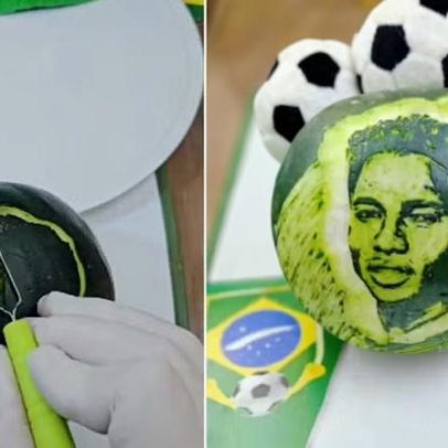 Chef esculpe rosto de Endrick em melancia e mostra processo