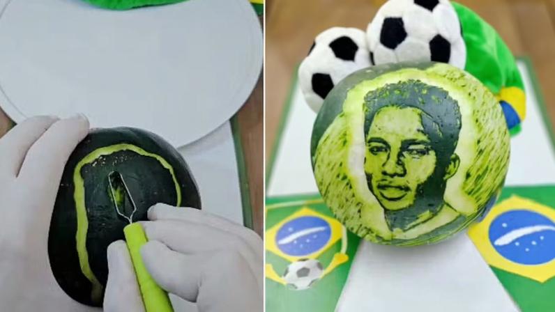 Chef impressiona ao esculpir rosto de Endrick em uma melancia; veja o processo