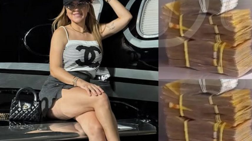 Mulher loira, de cabelos longos sob boné preso, de short curto e camiseta regatinha, sorri sentada em asa de avião de pequeno porte preto - Metrópoles