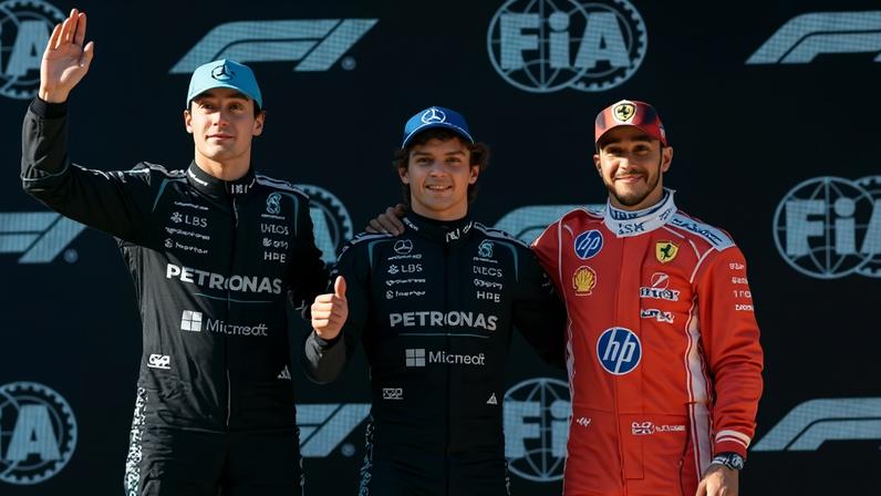 Russell, Antonelli e Hamilton após a classificação para o GP da China