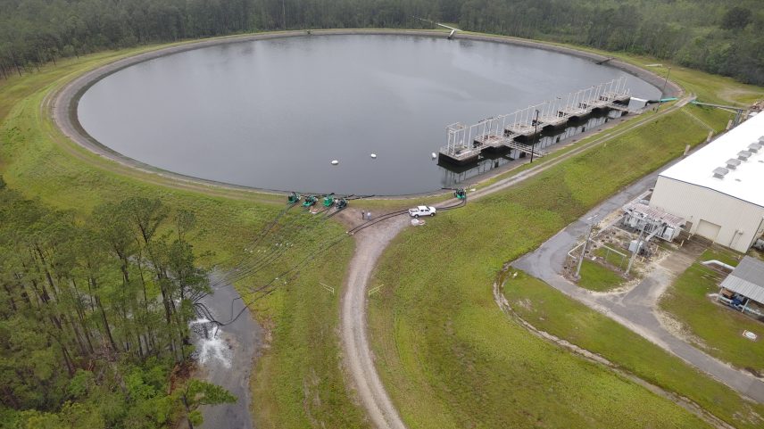 A drone image of the reservoir on May 7, showing a noticeably lowered water level as part of the 40‑million‑gallon pump‑out for upgrades.