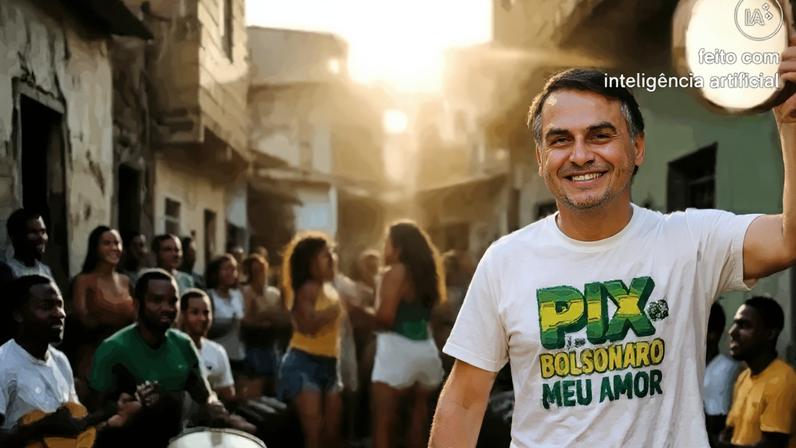 Na camisa de Bolsonaro do vídeo gerado por IA, está escrito "Pix é do Bolsonaro meu amor"