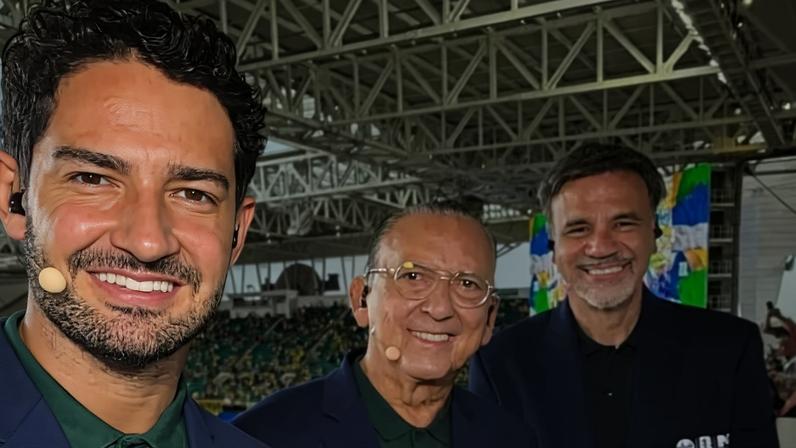 Alexandre Pato, Galvão Bueno e Mauro Beting na transmissão da Copa pelo SBT e N Sports