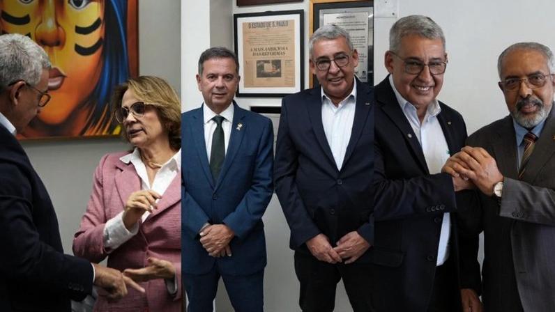 Nas imagens, o prefeito de Porto Alegre (RS) e presidente da frente dos prefeitos, Sebastião Melo (MDB), com os senadores Damares Alves (PL-DF), Rogério Marinho (PL-RN) e Paulo Paim (PT-RS)