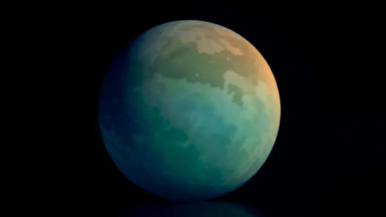 Titã em comprimentos de onda ultravioleta e infravermelho, conforme capturado pela sonda Cassini em 2004