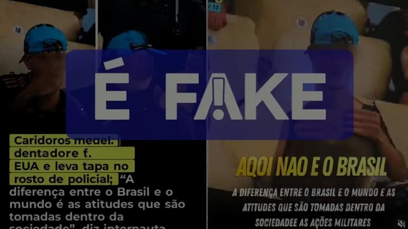 É #FAKE vídeo que mostra torcedor brasileiro agredido por policial ao fumar em estádio da Copa do Mundo — Foto: Reprodução