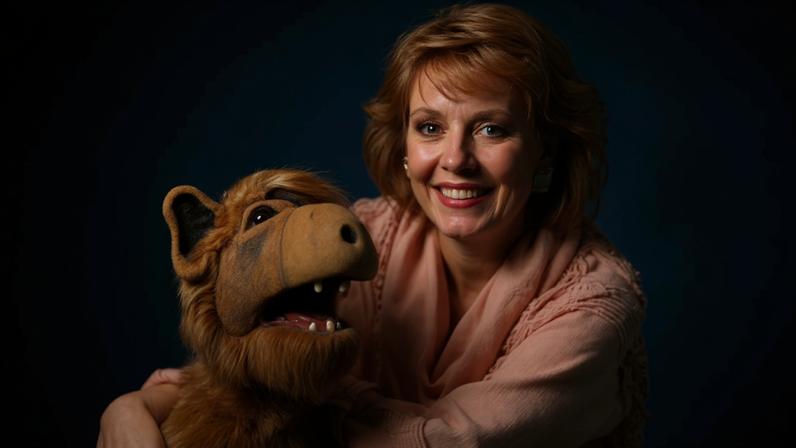 A atriz Anne Schedeen ao lado do personagem Alf — Foto: reprodução