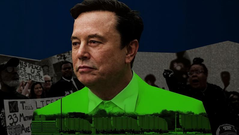 Photo collage with images of people protesting behind a figure of Elon Musk containing gas turbines at an AI data center.