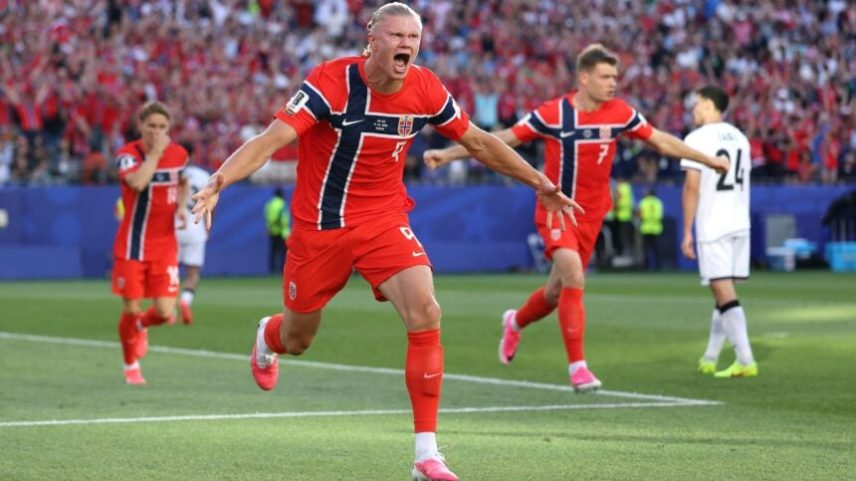 Erling Haaland, número 9 da Noruega, comemora o primeiro gol de sua equipe na Copa do Mundo da FIFA 2026