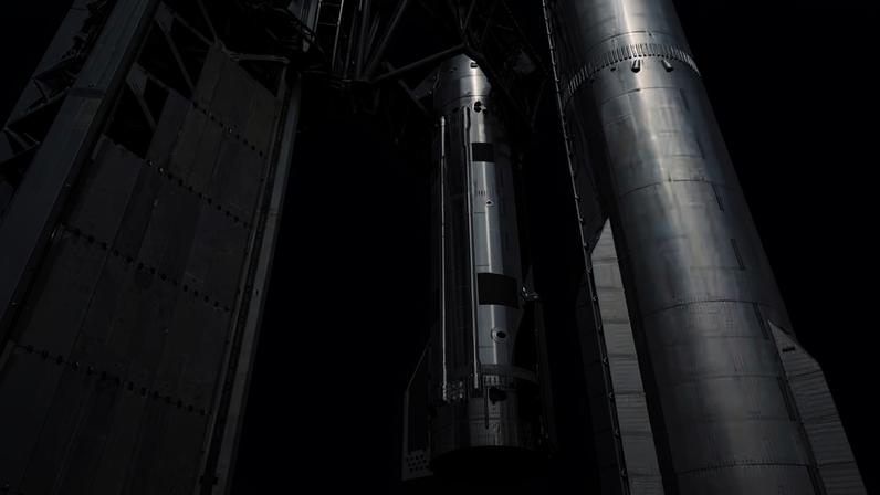 Nave Starship, da SpaceX, é acoplada ao propulsor Super Heavy — Foto: Divulgação / SpaceX