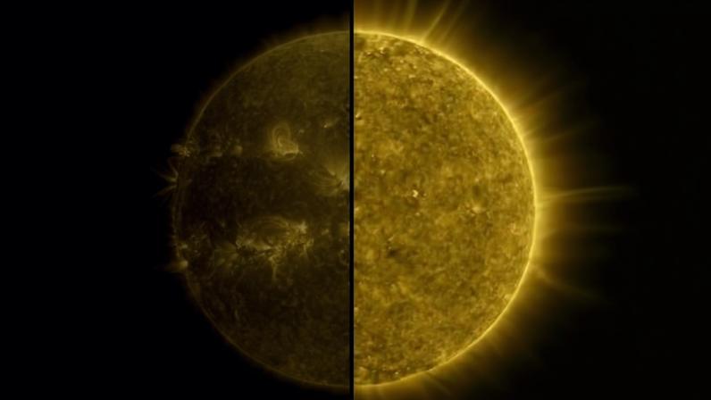 Uma imagem dividida mostrando um Sol ativo durante o máximo solar (à esquerda, foto tirada em 2014) e um Sol calmo durante o mínimo solar (à direita, foto tirada em 2019) — Foto: NASA/SDO