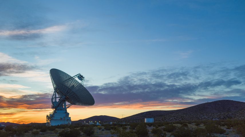 This sunset photo shows Deep Space Station 14, the 230-foot-wide (70-meter) antenna at the Goldstone Deep Space Communications Complex near Barstow, California, part of NASA’s Deep Space Network.