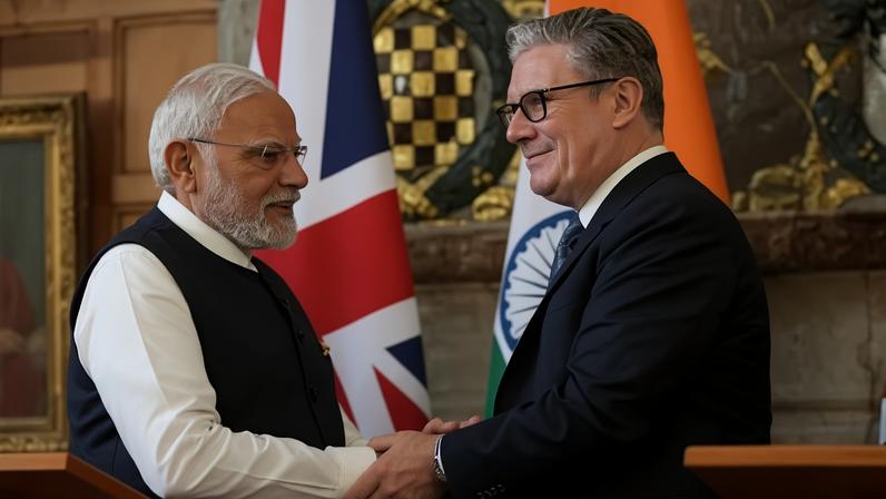Primeiro-ministro da Índia, Narendra Modi, e primeiro-ministro do Reino Unido, Keir Starmer, durante encontro em Chequers, no Reino Unido