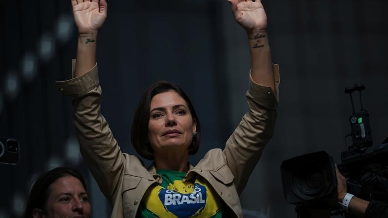 Ex-primeira-dama Michelle Bolsonaro durante ato em São Paulo