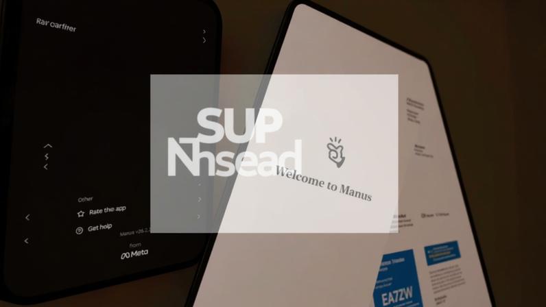 Ilustração do aplicativo do agente de IA Manus e o logotipo da Meta
